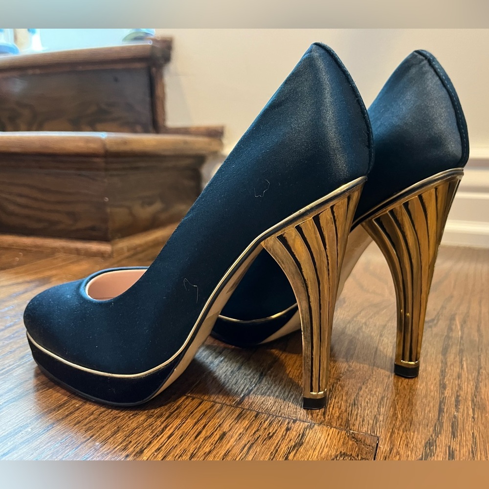 Reiss Blue Satin Pumps with Gold Deco Heel